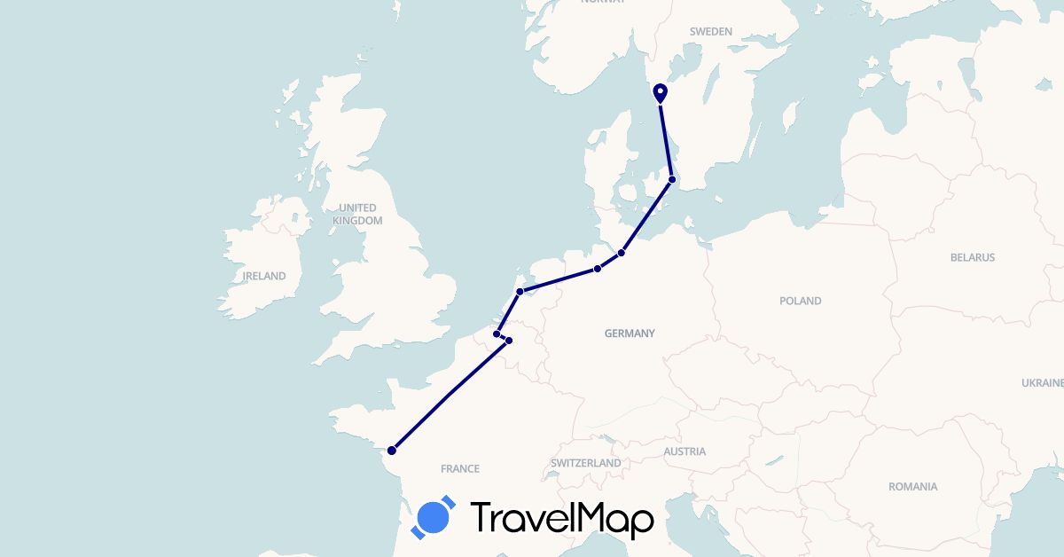 TravelMap itinerary: driving in Belgium, Germany, Denmark, France, Netherlands, Sweden (Europe)